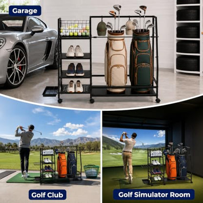 Golf Bag Storage Rack, Heavy Duty Golf Organizer with 4 Storage Zones & Lockable Wheels, Multi-Function Golf Bag Stand for Garage Basement Golf Club