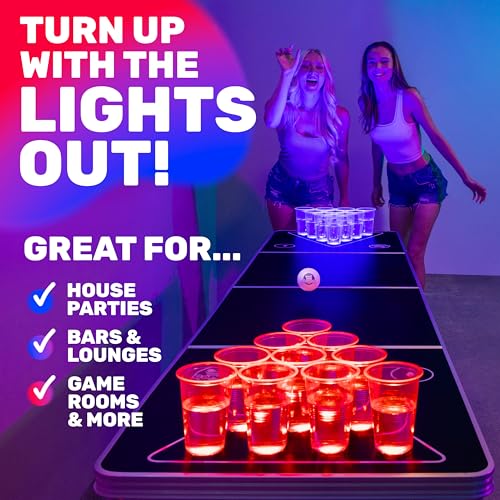GoPong 8 ft Foldable Beer Pong Table with LED Lights - Regulation Size Portable Pong Table with 6 Balls