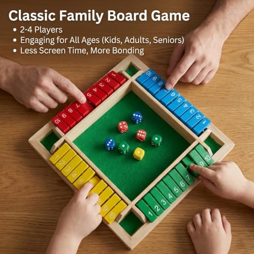 Shut The Box Game Wooden, 2026 New Shut The Box-Wooden Dice Board Game with 8 Dice, Four-Sided Flip Card Game Toys, Enhancing Mathematical and Decision-Making Skill (4 Color)