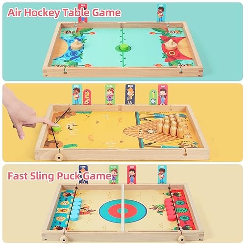 QZMTOY Large Fast Sling Puck Game Air Hocky Table Game Bowling Games -10 in 1 Family Games for Boys Girls,Teens,Adults,Wooden Hockey Board Game for 3+ Years Old Kids