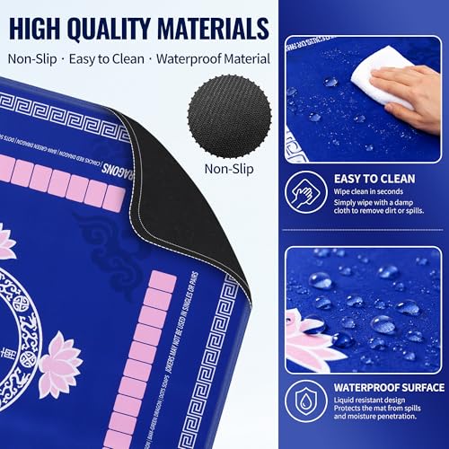 Mahjong Mat with Rules 31.5"x31.5" with Dice,2026 Mah jongg Card & Bag,Blue | Non-slip Noise-reducing Travel Game Night Christmas Mother’s Day Gift for Mahjong Lovers Family Gathering Poker Dominoes Mat - color: Blue