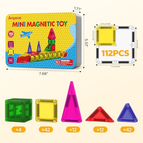 112PCS Mini Magnetic Tiles for Kids, Magnetic Tiles Travel Set with Iron Box, Portable Construction Toys STEM Educational Building Set for Kids Ages 4-8 Toddlers, Boys & Girls Birthday New Year Gift - style: 112 PCS