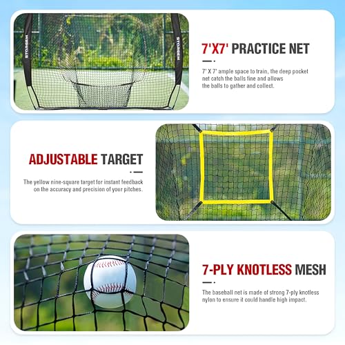 Storgem Baseball and Softball Practice Net 7×7ft Portable Hitting Pitching Batting Training Net Baseball Backstop Net with Batting Tee and Strike Zone and Bow Frame - color: Black Pro