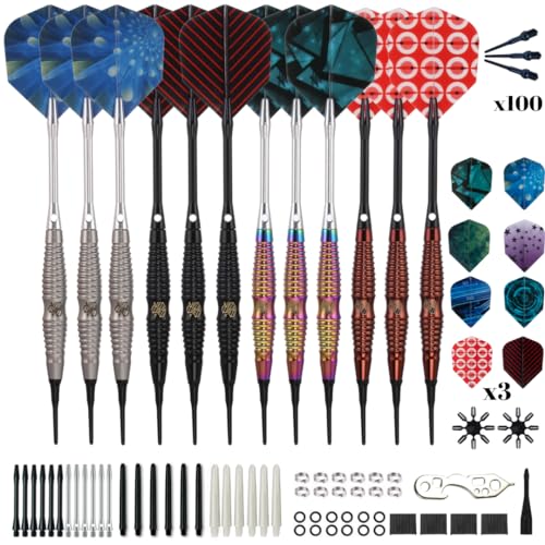 Shot Taker Co. Plastic Tip - Soft Tip Darts Set - 12 Pcs with 100 Extra Dart Tips 24 Flights Flight Protectors and Wrench for Electronic Dart Board - color: Red-10473