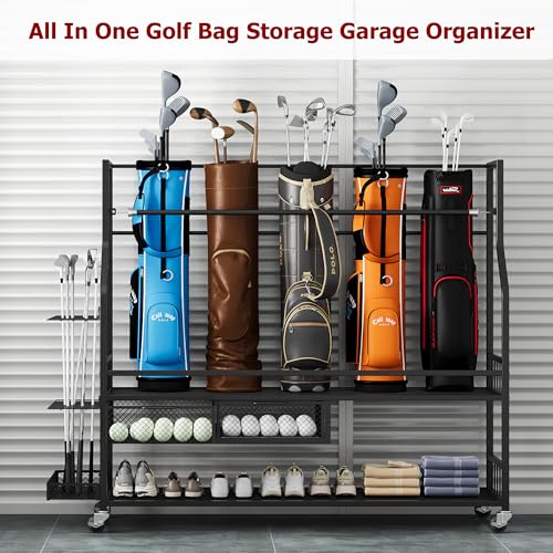 Golf Bag Storage Garage Organizer, Golf Bag Stand Fit for 4 Golf Bags, Golf Clubs, Golf Balls, Golf Equipment Accessories, Golf Bag Storage Rack with Wheels for Garage, Club, Shed, Basement - size: 57.5" L x 44.5" W x 15.7“ H