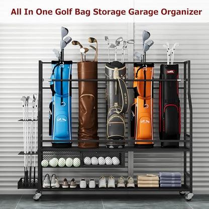 Golf Bag Storage Garage Organizer, Golf Bag Stand Fit for 4 Golf Bags, Golf Clubs, Golf Balls, Golf Equipment Accessories, Golf Bag Storage Rack with Wheels for Garage, Club, Shed, Basement - size: 57.5" L x 44.5" W x 15.7“ H