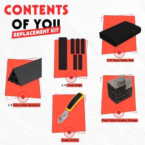 Pool Table Felt and Bumper Kit Felt for Billiard Cloth with Pool Table Bumpers and Cushions Facing, 6 Pcs Cloth Strips and Staple Remover - color: Black, size: 8FT + 42'' Bumpers