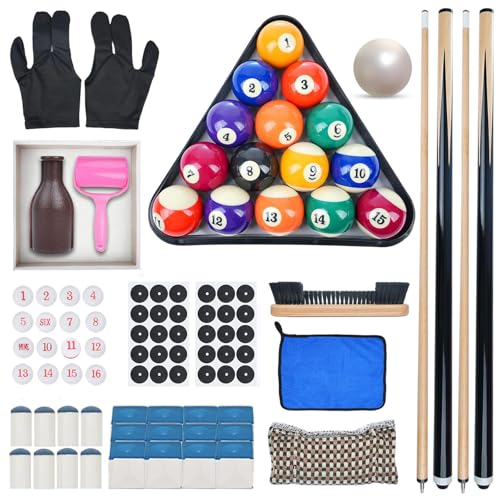 Pool Table Accessories - Pool Balls Billiard Set - Including Billiard Balls, Triangle Rack, Cues, Tips, Stickers, Table Cloth, Brush & Cleaner for Home Family Beginner Practice