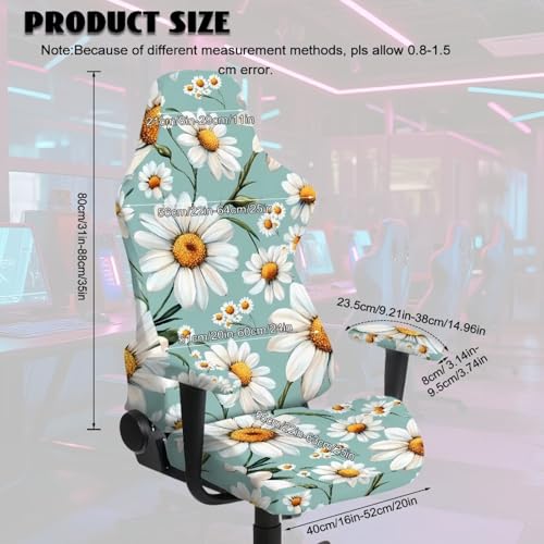 Suobstales Green Daisy Flower Pattern Stretch Gaming Chair Cover with Armrest Cover, Soft Computer Chair Cover Dust Protection Rotating Desk Chair Protector Cover for Office Computer Racing Seat - color: Green Daisy Flower