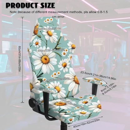 Suobstales Green Daisy Flower Pattern Stretch Gaming Chair Cover with Armrest Cover, Soft Computer Chair Cover Dust Protection Rotating Desk Chair Protector Cover for Office Computer Racing Seat - color: Green Daisy Flower