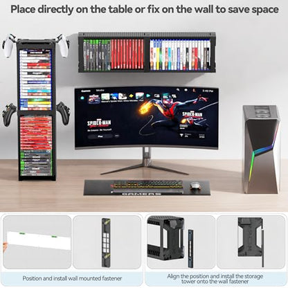 Video Game Disc Rack Tower Storage Holder Stand Universal for PS5/PS4/XBOX One/Series/NS Game, Game Organizer Shelf Display Stand for Wall Mount/Desk/Floor with Controller Holder Sega Genesis Consoles - size: 2-Tier