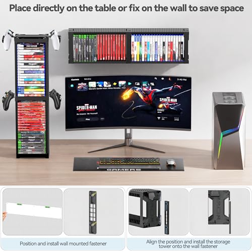 Video Game Disc Rack Tower Storage Holder Stand Universal for PS5/PS4/XBOX One/Series/NS Game, Game Organizer Shelf Display Stand for Wall Mount/Desk/Floor with Controller Holder Sega Genesis Consoles - size: 2-Tier