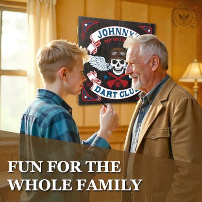 Personalized Dart Board Cabinet Set with 6 Steel Tip Darts, Paper Dartboard, Chalk & Eraser (21.5 x 21.5 x 2.75) - Man Cave Dart Boards for Adults - style: Dart Room Skull Biker