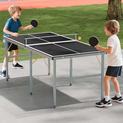 Folding Ping Pong Table 6x3 ft, 12mm MDF Indoor Outdoor Portable Ping Pong Table with Net, Wheels and Playback Mode for Home Game Room, Black