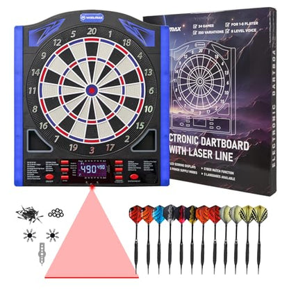 Electronic Dart Board with LED Sidelamp, Laser Toe Line, Digital Electronic Soft Tip Dartboard Set, Over 350 Variations, Includes 12 Darts, Suitable for Batteries/Adapters - color: Blue - Side Lights