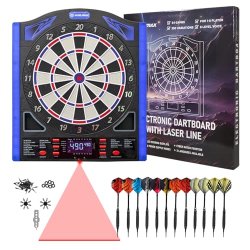 Electronic Dart Board with LED Sidelamp, Laser Toe Line, Digital Electronic Soft Tip Dartboard Set, Over 350 Variations, Includes 12 Darts, Suitable for Batteries/Adapters - color: Blue - Side Lights