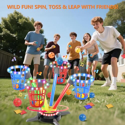 TERRAMUS 3 in 1 Bean Bag Ring Toss Game for Kids, Rechargeable Musical Jumping Games w/LED Light & Remote, Electric Spinning Base, Sandbags, Rings, Carnival Indoor Outdoor Sport Toy for 3+ Boys Girls