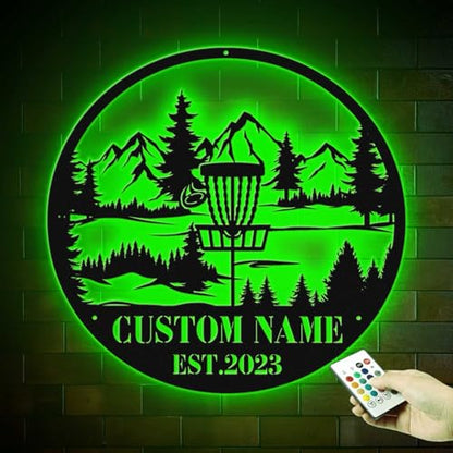 Custom Disc Golf Player Metal Wall Art LED Lights with Name – Personalized Disc Golf Sign for Bedroom, Garage, Boys Room, Sports Themed Gift for Dad, Remote Control Light Model-Disc03 - color: Model-Disc03