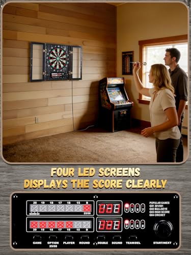 Electronic Dart Board, Decorative Dart Board Cabinet Set for Adults [12*Bronze Soft Tip Darts] [Cricket Game Mode] - Wooden Electric Dartboard Cabinet - Window