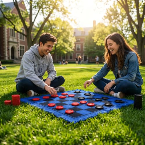 Yarlung Giant Checkers Set Tic Tac Toe Game, 3 in 1 Jumbo Checkers Game Board for Family Camping, Yard, Lawn Games, 2 Players, Blue Reversible Rug