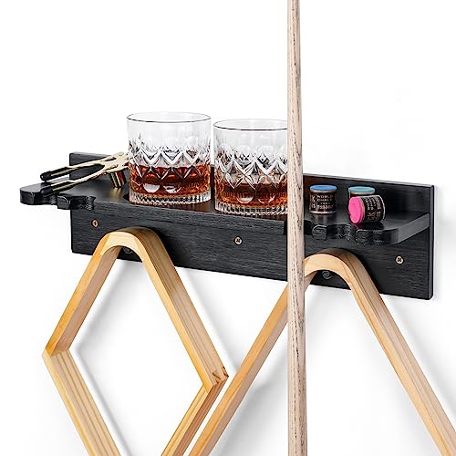 XCSOURCE Bamboo Pool Cue Holder Wall Mount, 4 Cue Rack with Ball Rack & Drink Holder, Black, 15.7 x 4.3 x 4.3 Inches - color: Black, 4 Pool
