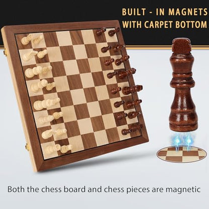 Magnetic Wooden Chess Set for Adults Kids, 15" Folding Chess Boards with 2 Extra Queens, Portable Travel Chess Sets with Pieces Storage Slots, Beginner Chess Game Set for Kids, Adults
