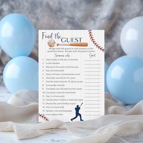 BASEBALL Baby Shower Games— FIND THE GUEST Game — Pack of 25 — Rustic Sports Blue BOY Baby Shower Activity, Icebreaker Party Game, Guess Who Came to the Party, Little Slugger Couples Shower G900-FTG