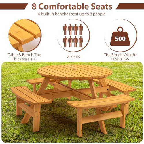 8-Person Round Wooden Picnic Table with Seat, Outdoor Camping Dining Table with 4 Built-in Benches, Natural - color: Natural, size: 8-Person Round