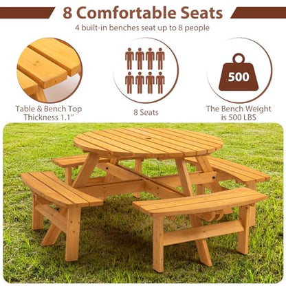 8-Person Round Wooden Picnic Table with Seat, Outdoor Camping Dining Table with 4 Built-in Benches, Natural - color: Natural, size: 8-Person Round