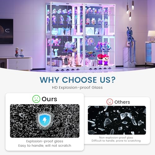 Large Display Cabinet with Glass Doors, 8-Tier RGB Curio Cabinet with Smart Human Induction & Remote Control, 73" Tall Stable Glass Display Case for Collectibles, Figures, Lockable Storage, White