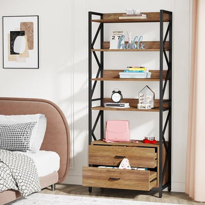 Tribesigns Bookshelf with Drawers, 70.8" Industrial Bookcase with 2 Drawers, 5 Shelf Open Shelf for Storage, Wood Book Shelf for Living Room, Bedroom, Home, Office (1, Rustic Brown)