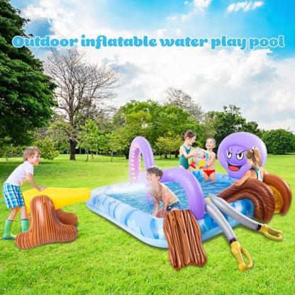 Inflatable Play Center, Inflatable Octopus Spray Pool with Base Pool, Slide, Wooden Block, Octopus Blow up Water Slides for Kids Adults Outdoor Backyard - size: 84"
