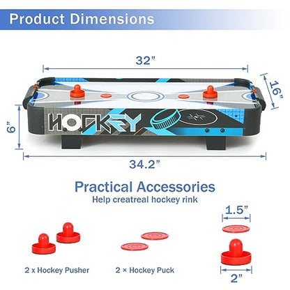 Table Top Air Hockey Table for Kids, 32” Mini Tabletop Air Hockey Game w/Electric Motor Fan, 2 Pushers and 2 Air Hockey Pucks, Great for Playing on The Floor, Tabletop (Blue & Gray)