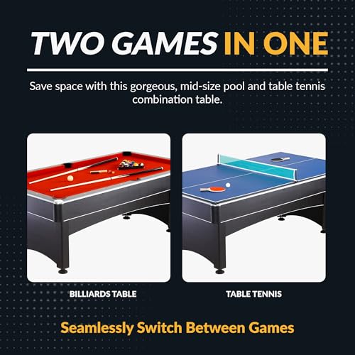Hathaway Maverick 7 Foot Pool Table with Table Tennis Top – with Accessories for Both Games – Space-Saving Ping Pong and Pool Table Combo for Families – Matte Black Finish, Red Felt