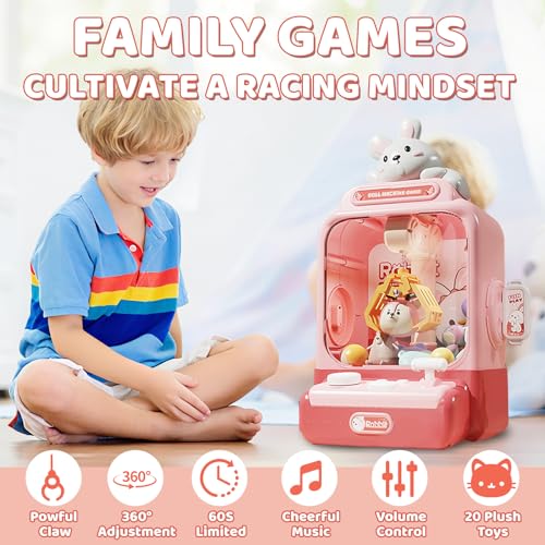 Rabbit Claw Machine - Mini Vending Machine with Lights and Music, Candy Machine Dispenser for Kid Ages 3+, Electronic Kids Claw Machine Game for Birthday Party Includes 10 Plush Toys - color: Pink
