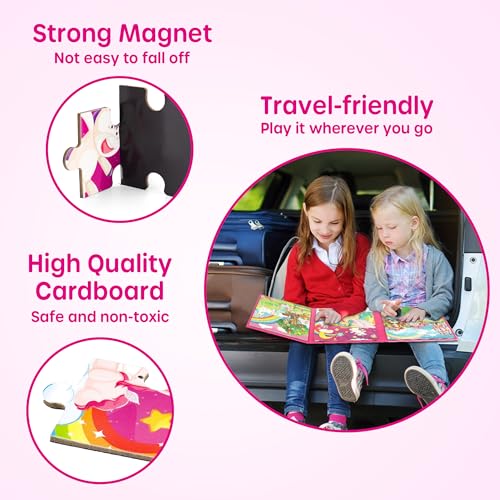 SYNARRY Unicorn Princess Fairy Magnetic Puzzles for Toddlers 3-5 Girls, 20 Pieces Travel Puzzles for Kids Ages 4-6, Easter Basket Stuffers for Kids, Car Airplane Road Trip Activities Magnet Games Toy - style: Unicorn