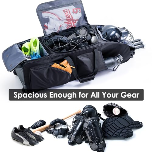 Rolling Baseball Bag With Wheels, Seperate Shoe Compartment and Fence Hook - Large Softball Bag for T-Ball - Team Equipment Duffle Bag - Catcher Gear Bag for Boys 8-12, Youth, Adults - color: Black