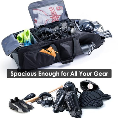 Rolling Baseball Bag With Wheels, Seperate Shoe Compartment and Fence Hook - Large Softball Bag for T-Ball - Team Equipment Duffle Bag - Catcher Gear Bag for Boys 8-12, Youth, Adults - color: Black