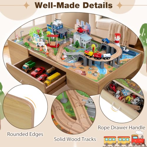 Costzon 110-Piece Wooden Train Table with Drawer for 3+ Years Old Toddlers | 3-in-1 Kids Activity Play Set w/ Reversible Tabletop, Storage Space, Train Tracks, Figures, Vehicles, and Buildings - size: 42" x 25" x 16" (L x W x H)
