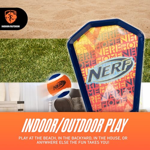 Nerf Toss and Catch Game with Paddles + Ball - Tennis Catch Game with (2) Self- Stick Paddles - Perfect Kids Beach Toy + Backyard Set - Includes 2 Sticky Mitts + Tennis Ball