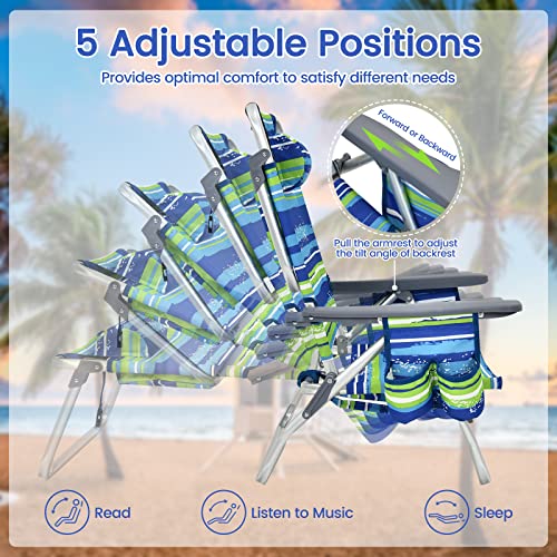 Tangkula Set of 4 Backpack Beach Chair, 5-Position Lay Flat Beach Chairs with Cooler Bag, 2 Cup Holders, Towel Bar, Lightweight Folding Beach Chair with Backpack Straps - color: Blue, style: 4 Pack