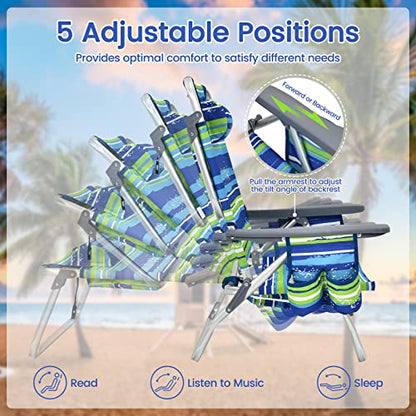 Tangkula Set of 4 Backpack Beach Chair, 5-Position Lay Flat Beach Chairs with Cooler Bag, 2 Cup Holders, Towel Bar, Lightweight Folding Beach Chair with Backpack Straps - color: Blue, style: 4 Pack