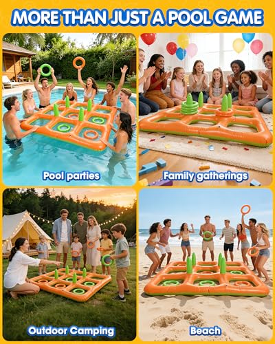 4.9FT Giant Inflatable Tic Tac Toe Pool Game – 2-in-1 Ring Toss Pool Toys for Adults Kids, Floating Summer Pool Party Games for Family, Beach, Backyard (2–10 Players)