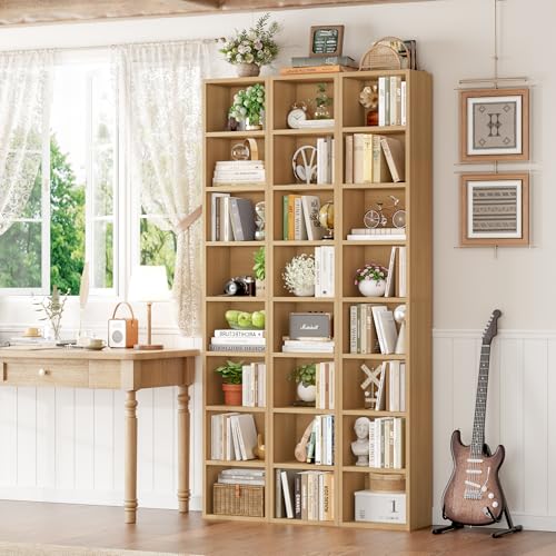 FOTOSOK 8-Tier Media Tower Rack, 11.6 X 9.3 X 71 Inches CD DVD Slim Storage Cabinet with Adjustable Shelves, Tall Narrow Bookcase Display Bookshelf for Home Office, Natural - color: Natural