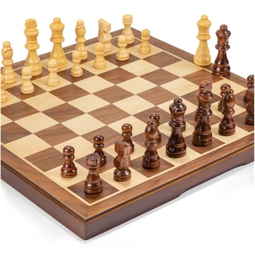 Chess Set Board Games for Adults: Handmade Walnut Wooden 15" 2 Extra Queens Folding Portable Travel Chess Game, Gift idea, Pieces Storage Slots,Instructions - color: Walnut Texture