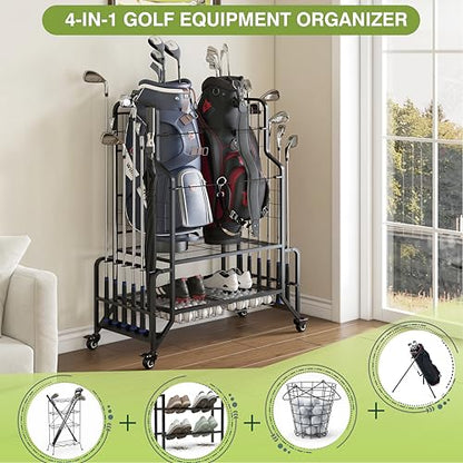 Golf Bag Storage Garage Organizer Golf Bag Stand Fits 2 Bags Extra Clubs Balls Shoes Golf Equipment Accessories Golf Storage Rack for Garage Club Shed