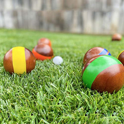 GoSports 100 mm Hardwood Bocce Set with 8 Premium 12 oz Wood Balls, Pallino, Case and Measuring Rope