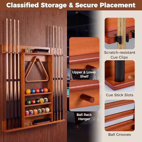 Goplus Pool Cue Rack, Wall Mounted Billiard Stick Holder, Made of Solid Pine Wood, Holds 8 Cues & Full Ball Set & 1 Ball Rack, Compact Billiards Accessories for Club, Bar (Brown)
