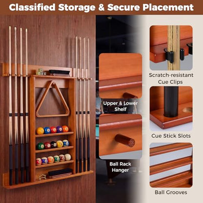 Goplus Pool Cue Rack, Wall Mounted Billiard Stick Holder, Made of Solid Pine Wood, Holds 8 Cues & Full Ball Set & 1 Ball Rack, Compact Billiards Accessories for Club, Bar (Brown)