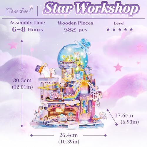 Tonecheer 3D Wooden Puzzle for Adults - Star Workshop, Mechanical Transmission Model Kit, Dynamic DIY Building Set with Music & Lights, Miniature House Kit Ideas - style: Star Workshop
